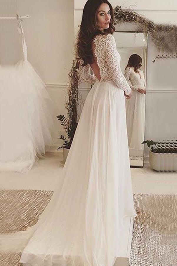 Ivory Chiffon Long Sleeve Backless V-Neck Wedding Dress with Lace, WD2306270