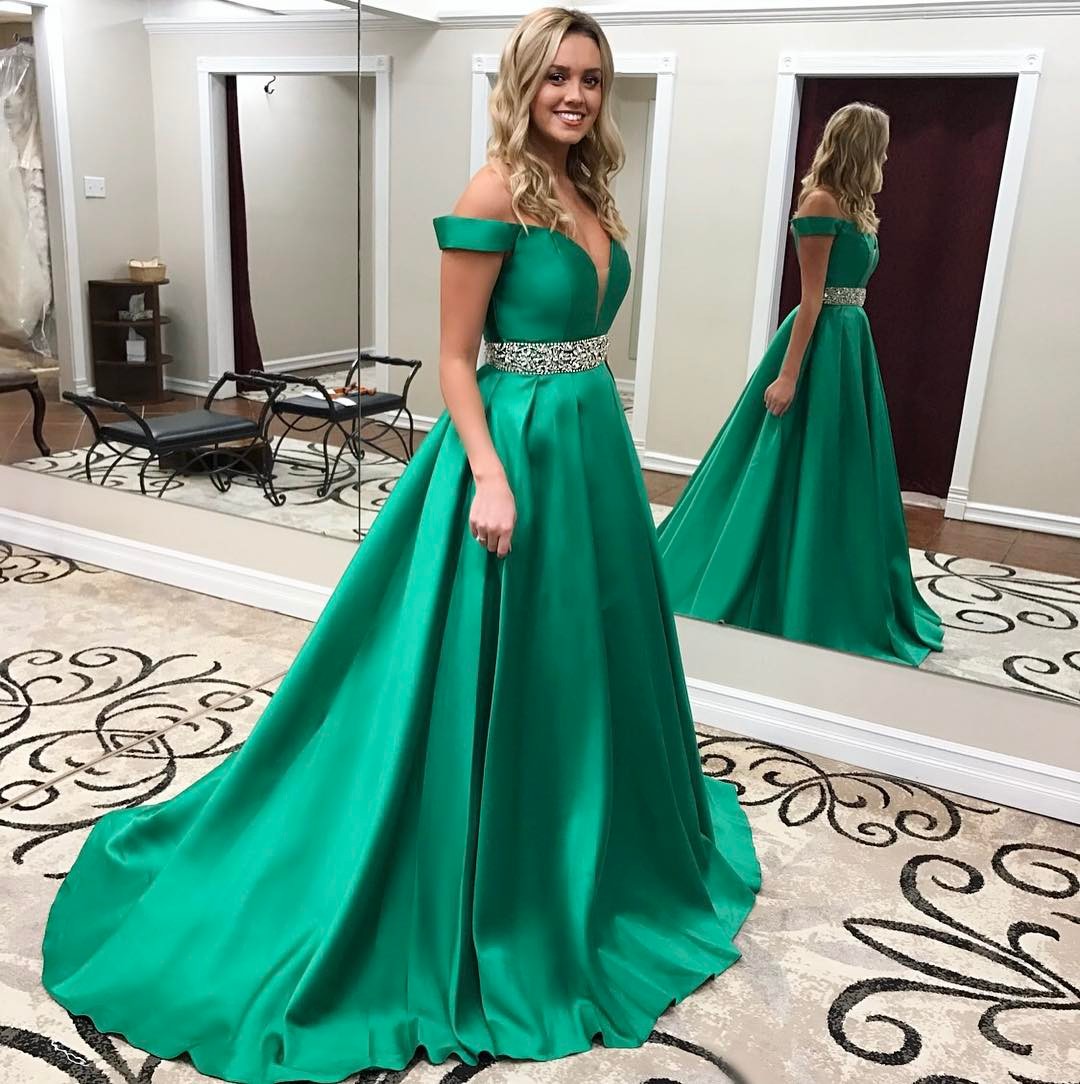 Shop the Stunning Emerald Off-Shoulder A-Line Satin Beaded Sweetheart Prom Dress at JLDressCA Shop the Stunning Emerald Off-Shoulder A-Line Satin Beaded Sweetheart Prom Dress at JLDressCA
