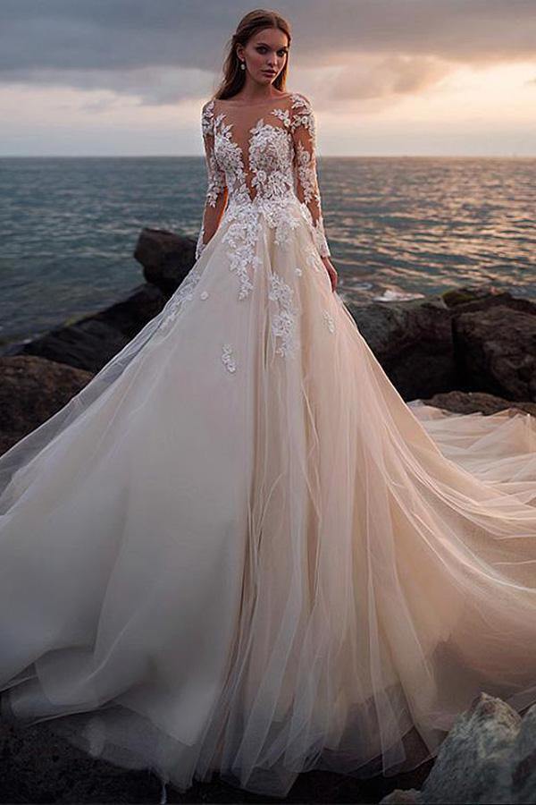 Ivory Illusion Neck Lace Long Sleeves Beach Wedding Dress | JLDressCA Ivory Illusion Neck Lace Long Sleeves Beach Wedding Dress | JLDressCA