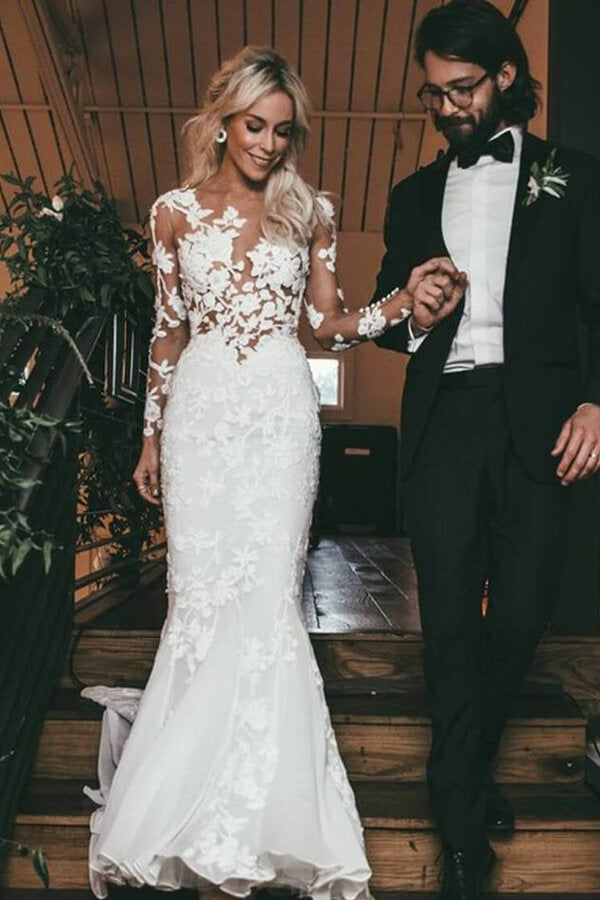 Lace Mermaid Bridal Dress with Long Sleeves and See-Through Design, WD2401314