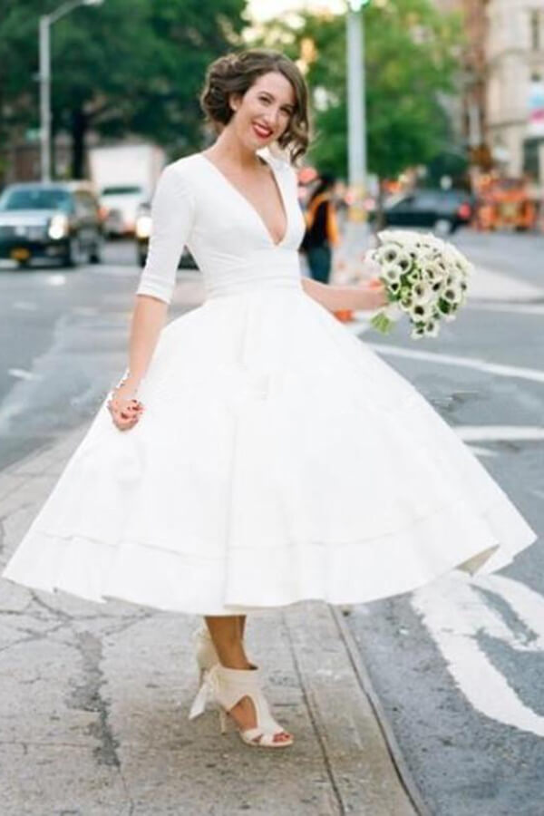 Modest A-Line Taffeta Wedding Dress | V-Neck, Half-Sleeves, Tea-Length Modest A-Line Taffeta Wedding Dress | V-Neck, Half-Sleeves, Tea-Length