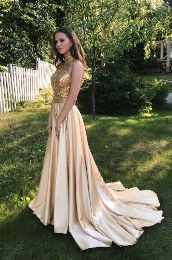 Champagne Satin Halter Cut-out Prom Dress with Rhinestone Backless High Neck | JLDressCA Champagne Satin Halter Cut-out Prom Dress with Rhinestone Backless High Neck | JLDressCA