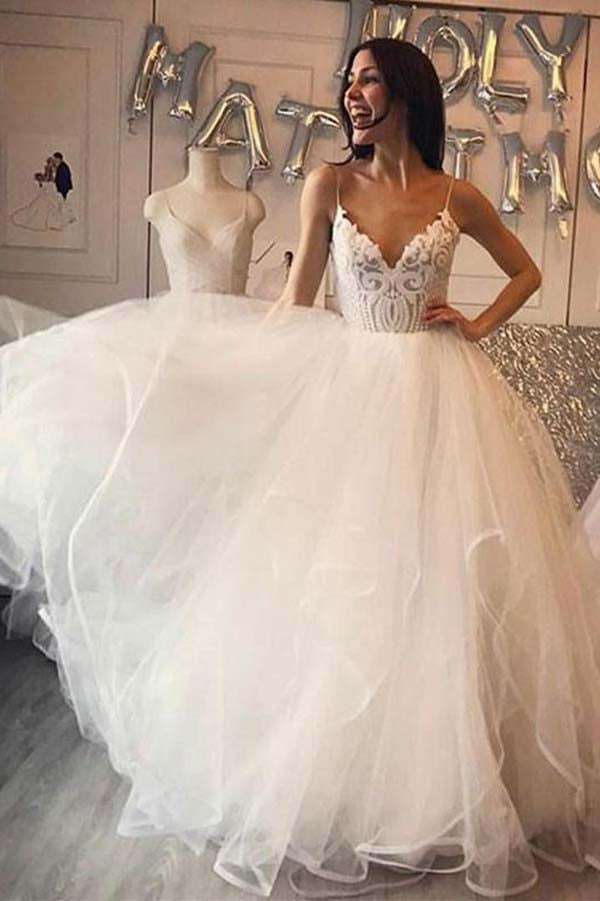 Ivory Organza Spaghetti Straps Lace Appliqued Beach Wedding Dress | JLDressCA Ivory Organza Spaghetti Straps Lace Appliqued Beach Wedding Dress | JLDressCA
