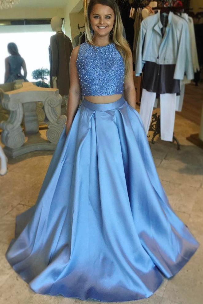 Elegant Blue A-Line Satin Beaded Two-Piece Prom Dress, PD2308115