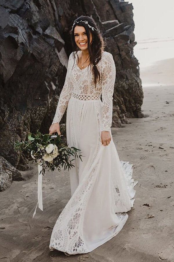 Ivory Lace A-Line V-Neck Long Sleeves Beach Bridal Gown - JLDressCA Ivory Lace A-Line V-Neck Long Sleeves Beach Bridal Gown - JLDressCA