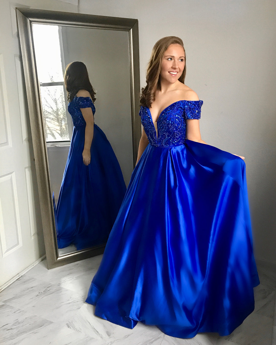 Royal Blue Sweetheart Off-Shoulder A-Line Satin Beaded Prom Dress