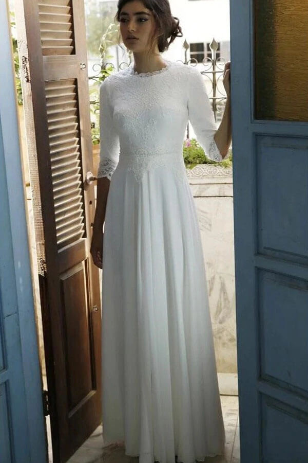 Modest Wedding Dress with 3/4 Sleeves | Floor-Length Chiffon and Lace Top | JLDressCA Modest Wedding Dress with 3/4 Sleeves | Floor-Length Chiffon and Lace Top | JLDressCA