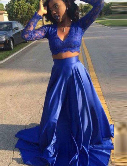 Royal Blue Two-Piece Princess A-Line Prom Dresses with Long Sleeves, PD2305319