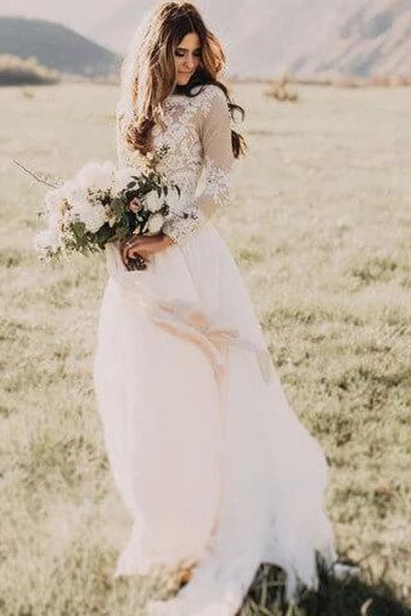 Rustic Ivory Beach Wedding Dress with Long Sleeves and Lace - JLDressCA Rustic Ivory Beach Wedding Dress with Long Sleeves and Lace - JLDressCA