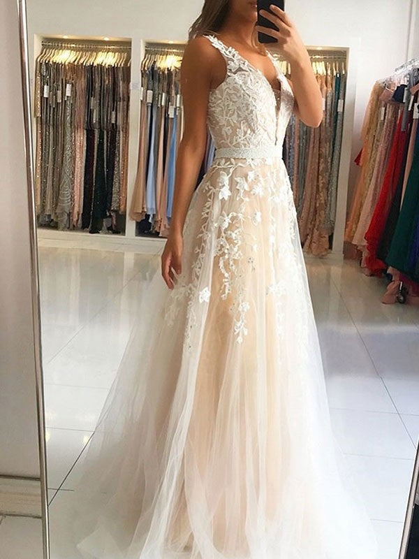 All Eyes on You with JLDressCA's Champagne Backless V-neck Tulle A-line Prom Dress All Eyes on You with JLDressCA's Champagne Backless V-neck Tulle A-line Prom Dress