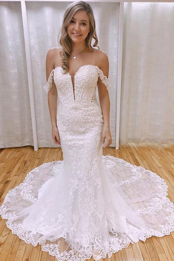 Elegant Mermaid Off the Shoulder Lace Wedding Dresses with Appliques US8 / Custom Color Elegant Mermaid Off the Shoulder Lace Wedding Dresses with Appliques US8 / Custom Color