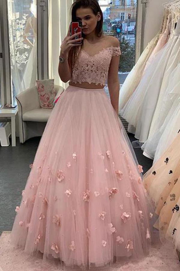 Elegant Pink Two Piece Tulle Lace Off-the-Shoulder A-line Prom Dress | JLDressCA Elegant Pink Two Piece Tulle Lace Off-the-Shoulder A-line Prom Dress | JLDressCA