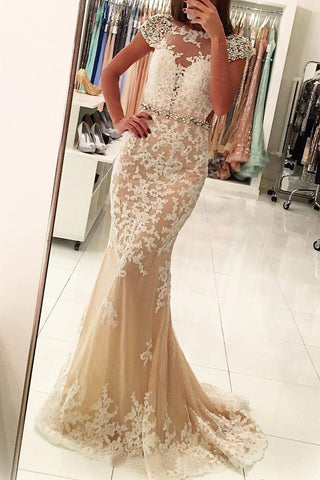 Champagne Mermaid Prom Dress with Capped Sleeves, Tulle Fabric, and Appliques, PD2306132