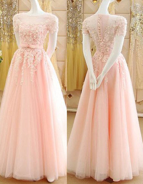 Pink Short Sleeves A-Line Tulle Prom Dresses with Appliques, PD2310115