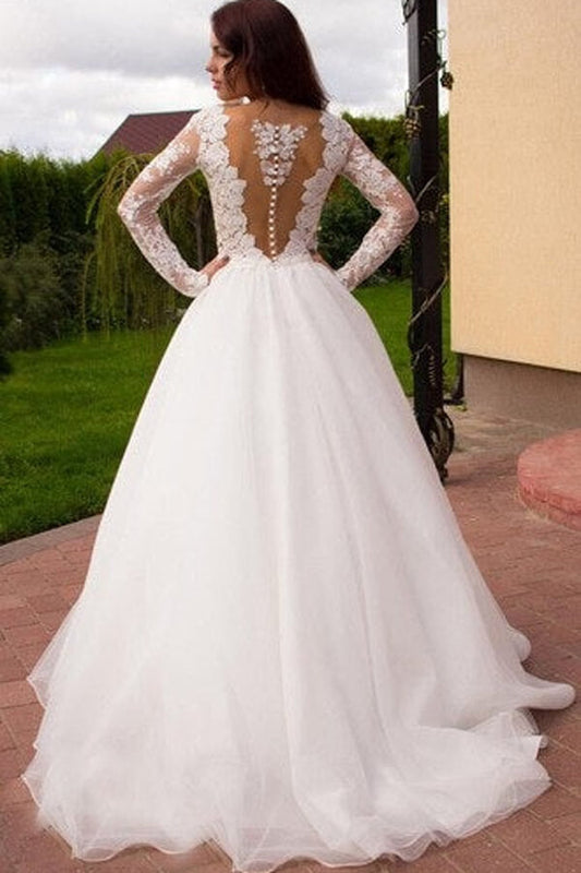 Ivory Boho Princess Wedding Dresses with A-line V-neck and Long Sleeves, WD2401253