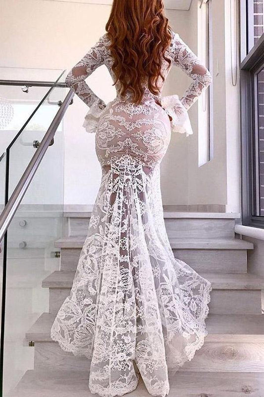 Lace Mermaid Deep V-neck Long Sleeves Wedding Gown, WD24012910