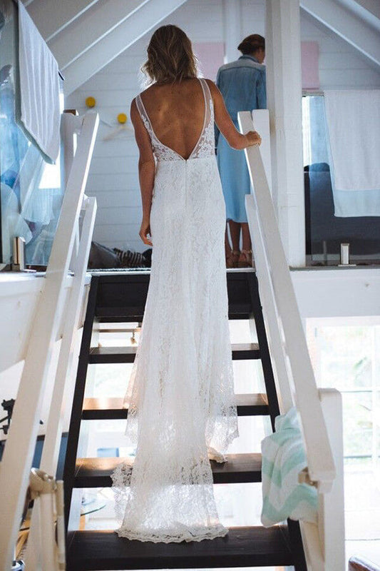 Ivory Lace Mermaid Open Back V-neck Long Beach Wedding Dress, WD2310184