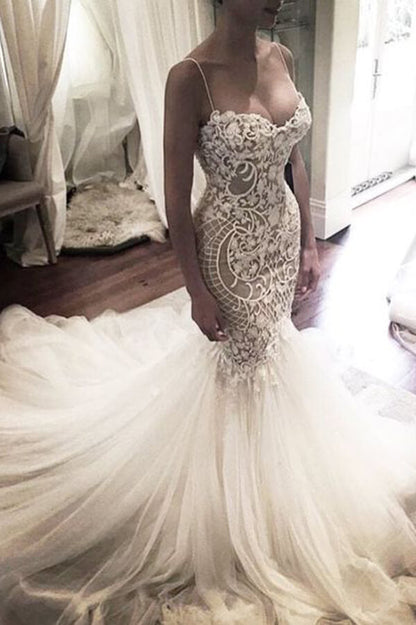 Sweetheart Mermaid Wedding Dress with Spaghetti Straps and Lace Detailing, WD2404064