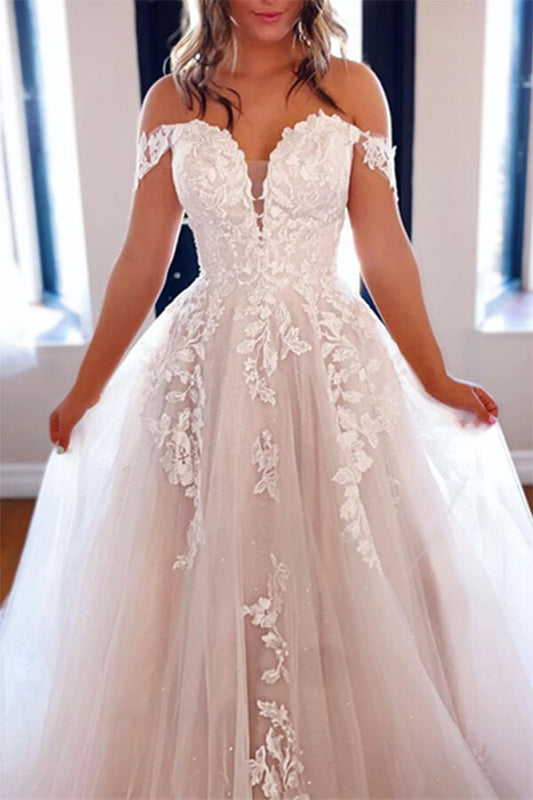 Luxury A-line Wedding Dress with Off-Shoulder Style and Lace Appliques, WD2402017