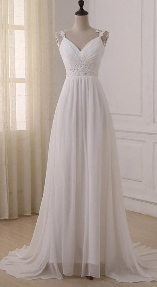 Simple White Chiffon V Neck Straps Wedding Dress with Sweep Train, WD2306274