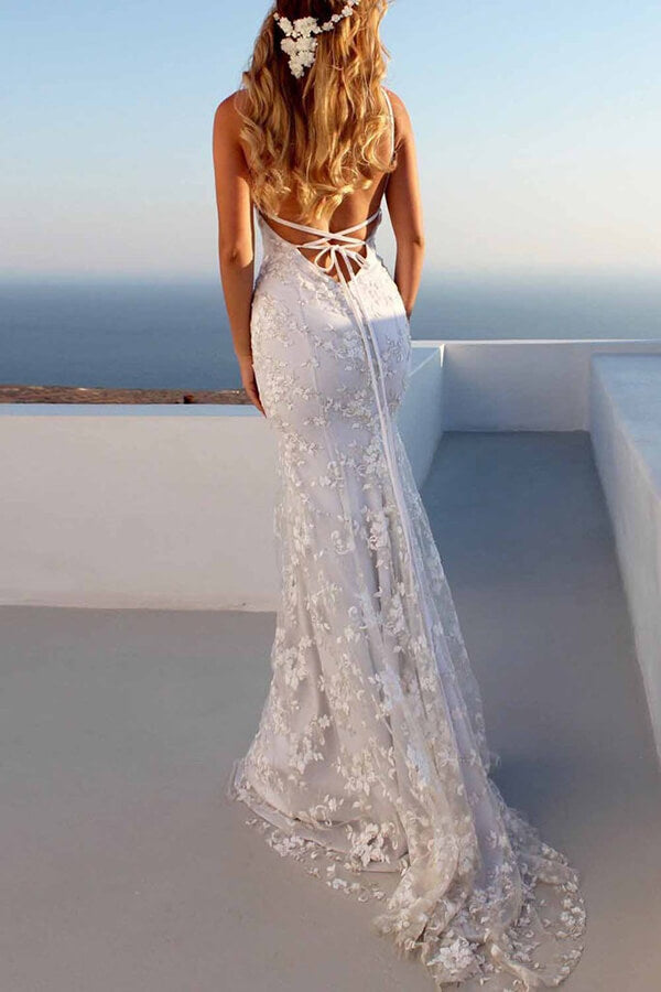 V-neck Spaghetti Straps Lace Mermaid Bridal Gown, WD2401319