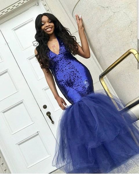 Royal Blue V-Neck Sequin Tulle Mermaid Prom Dress, PD23050818