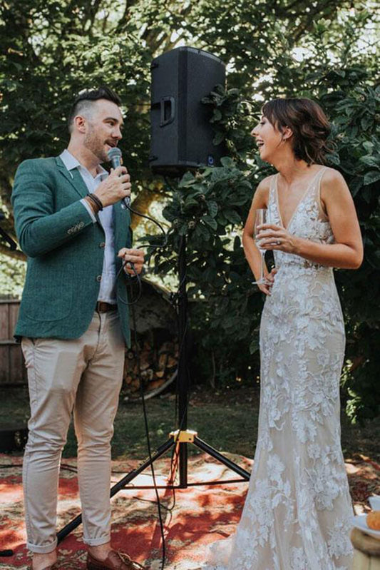 Ivory Lace Mermaid V-neck Beach Wedding Dress with Appliques, WD2310185