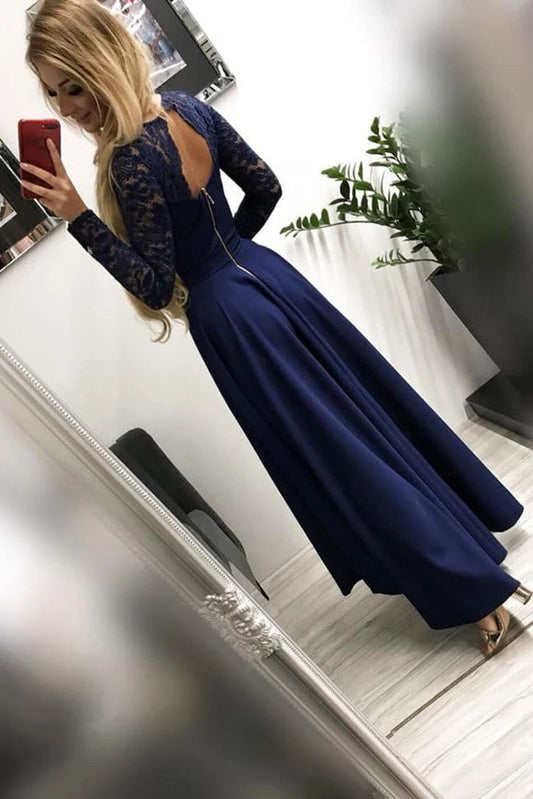 Dark Navy A-Line Long Sleeves Lace High Low Prom Dress, PD2308032