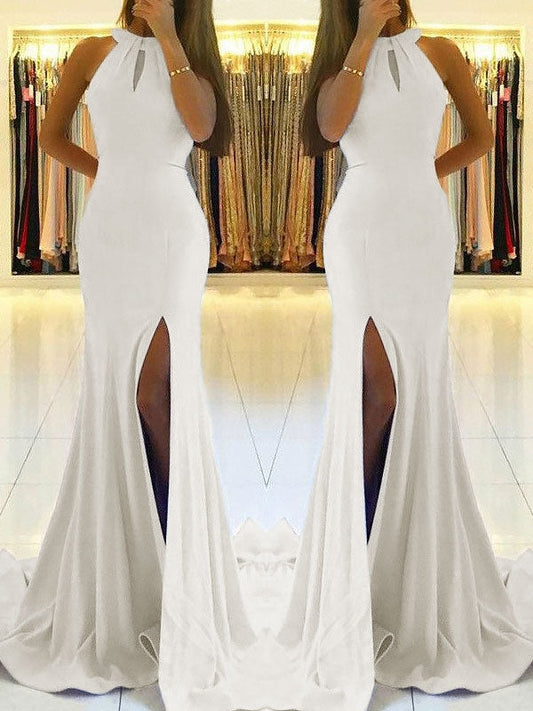 Backless White Sheath Prom Dress with Side Slit and Lace-Up Back, PD2305201