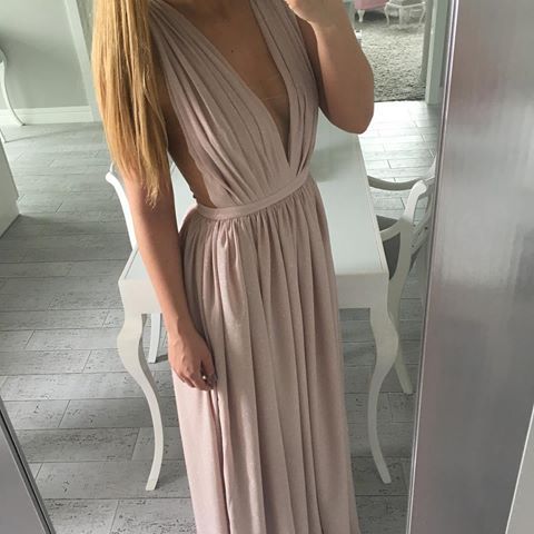 Simple Off-the-Shoulder A-Line V Neck Champagne Prom Dress with Slit, Champagne Formal Dress, Bridesmaid Dress, BD2306223