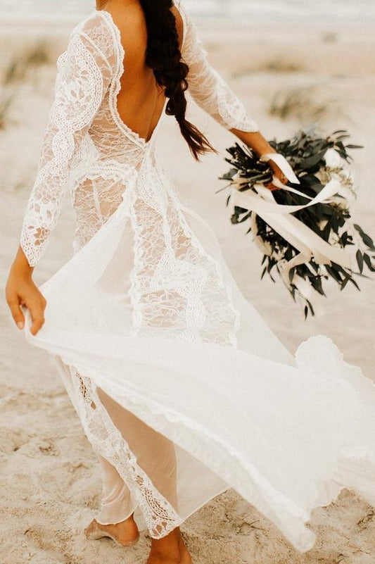 Ivory Lace Backless Boho Wedding Gown with Long Sleeves, WD2308237