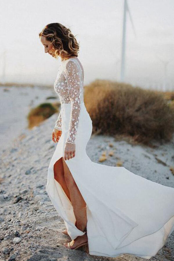 Open Back Lace Satin Mermaid Wedding Dress with Long Sleeves and Slit, WD2401317