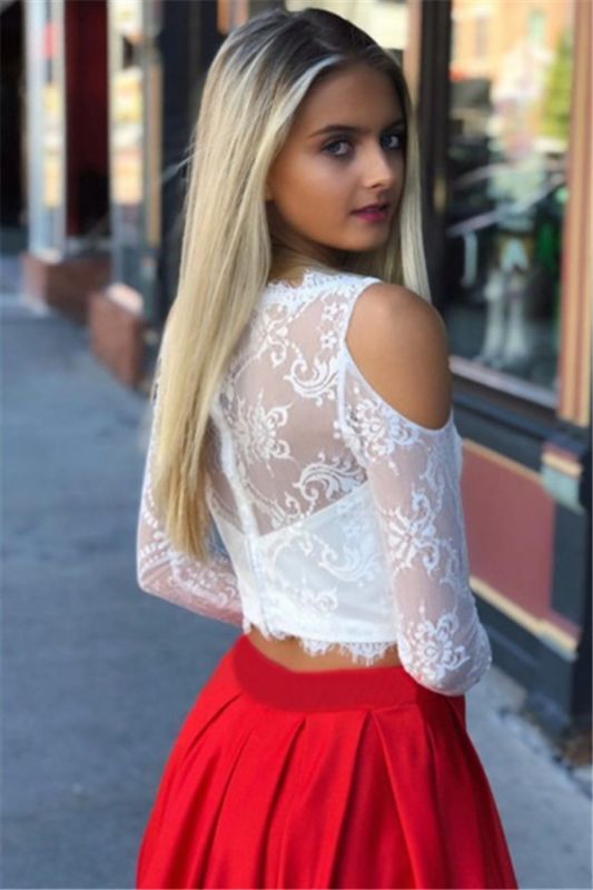 White and Red Off-the-Shoulder Long Sleeves Two-Piece Satin A-Line Prom Dress, PD23062110