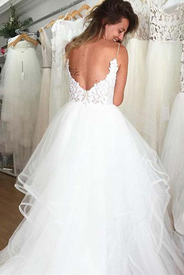 Ivory Organza Spaghetti Straps Lace Appliqued Beach Wedding Dress, WD2310194
