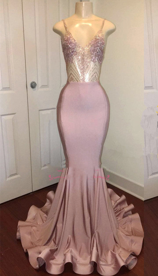Dusty Rose Beaded V-Neck Backless Sheath Prom Dress, PD2305086