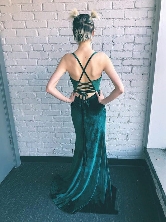 Dark Green V-Neck Velvet Sheath Column Split-Front Prom Dress with Spaghetti Straps, PD2308095