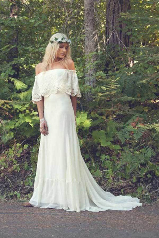 Bohemian Lace Ivory Chiffon A-line Beach Wedding Dress, WD2308224