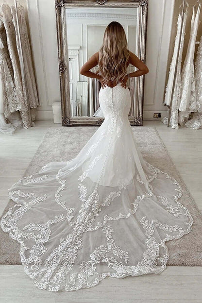 Backless Mermaid Lace Wedding Dress with Deep V-neck and Chapel Train, WD2402011