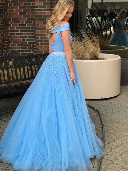 Blue Off-the-Shoulder Tulle Beaded Ball Gown Plus Size Two Pieces Prom Dress, PD2310031