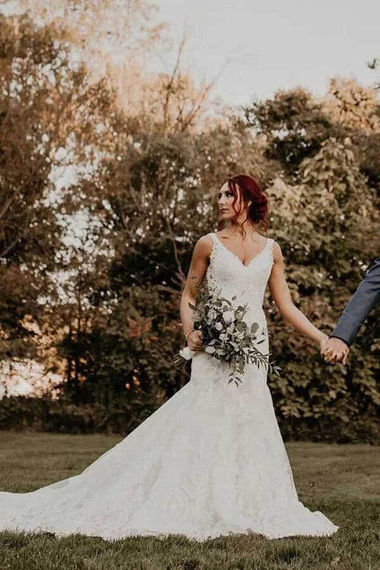 Lace Beaded Mermaid Wedding Dress with V-Neck and Train, WD2404124