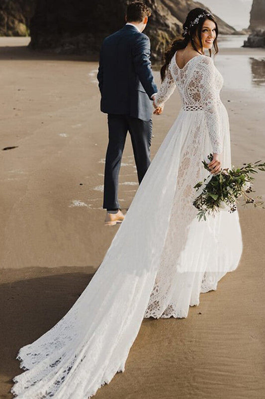 Ivory Lace A-line V-neck Long Sleeves Beach Bridal Gown, WD2308235