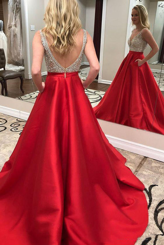 Satin A-Line Sweetheart Beaded Red Backless Long Prom Dress, PD2310074