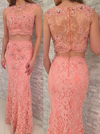 Sheath Pink Lace Two-Piece Prom Dress, PD2310077
