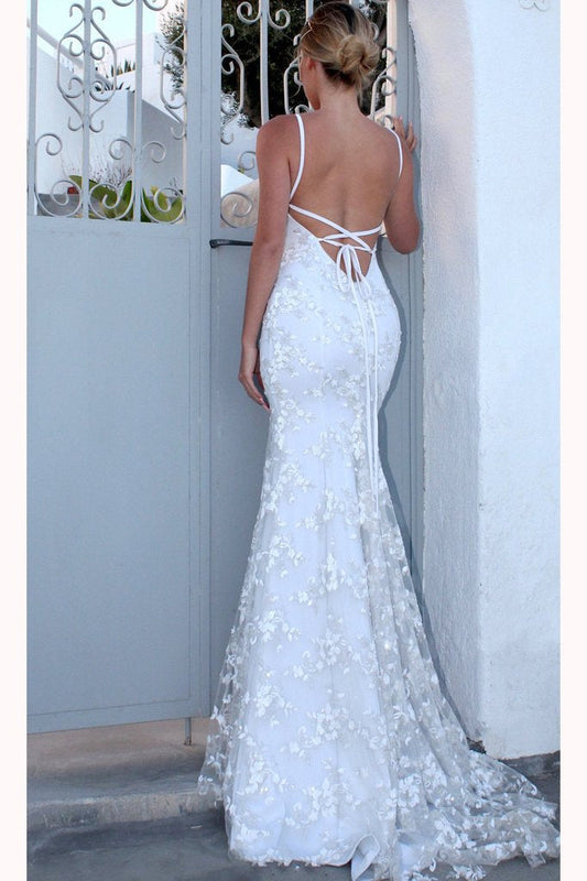 White Lace-Up Sheath Prom Dress with V-Neck, PD2305155