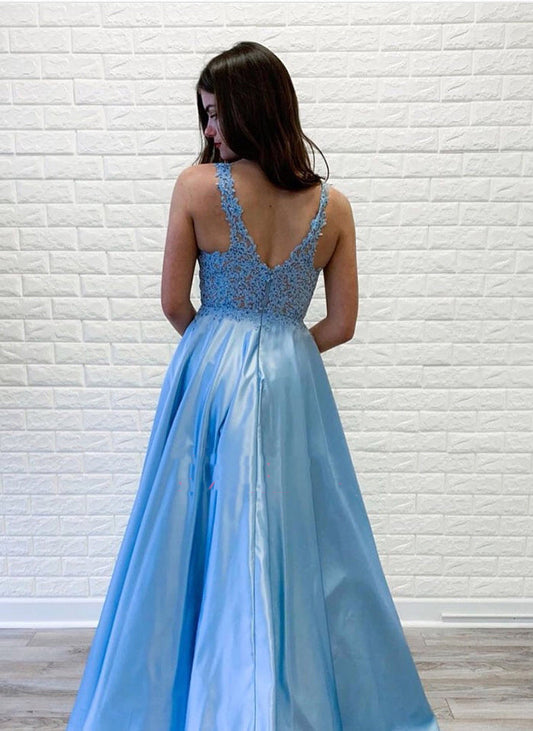 Blue Elastic Satin V-Neck Lace A-Line Prom Dress, PD2306011