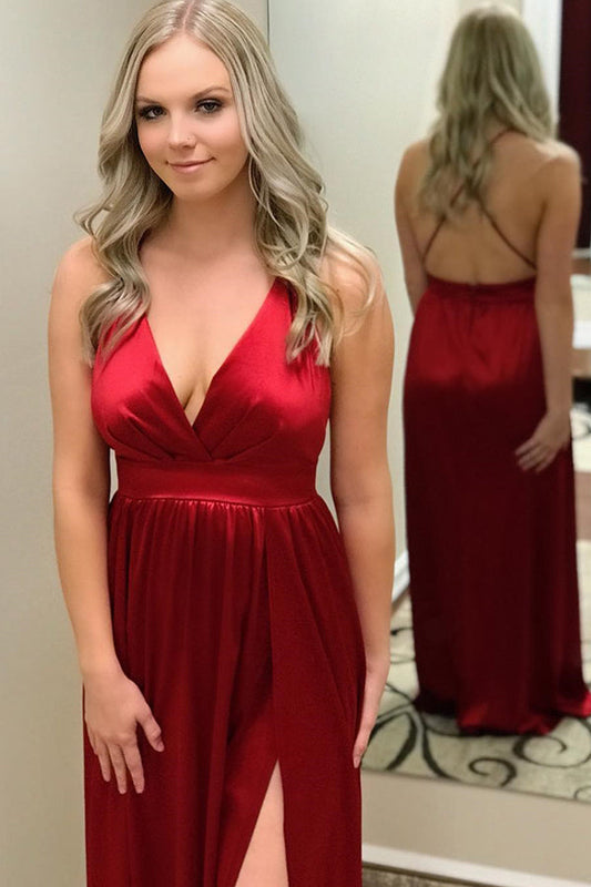 Red Sweetheart Backless Side Slit A-Line Prom Dress, PD2306055