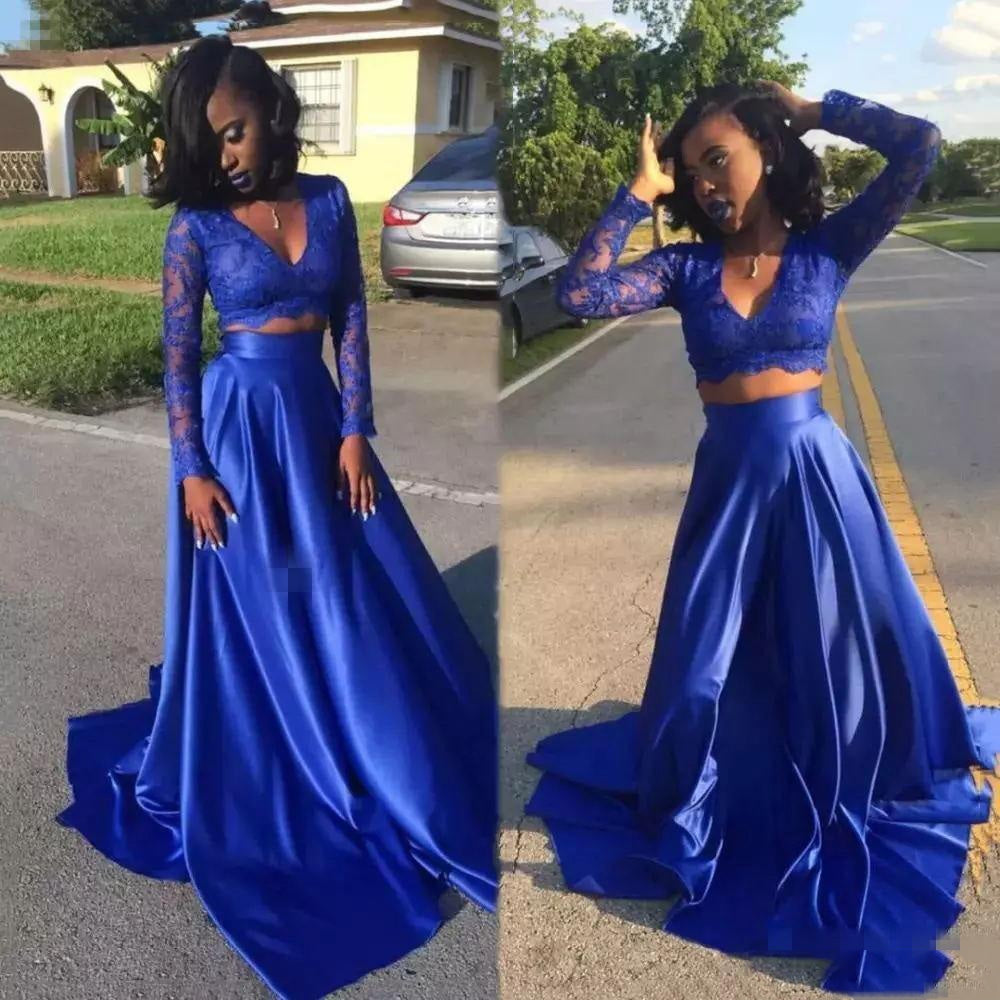 Royal Blue Two-Piece Princess A-Line Prom Dresses with Long Sleeves, PD2305319