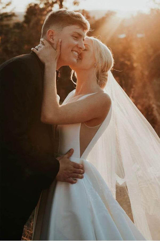 Simple Ivory Satin A-line Wedding Dress with V-neck, WD2311039