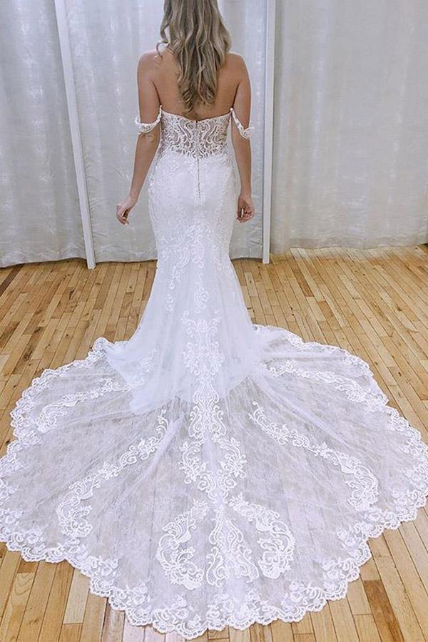 Off-the-Shoulder Lace Applique Mermaid Wedding Dress with Train, WD2404062