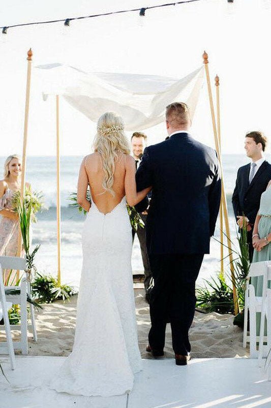 V-neck Backless Beach Wedding Lace Mermaid Dress, WD2401318